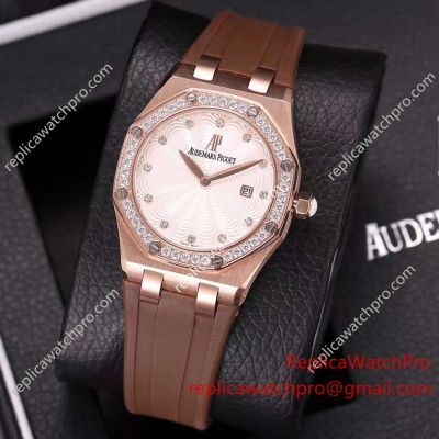 Clone Audemars Piguet Lady Royal Oak Rose Gold Diamond Brown Rubber 32mm